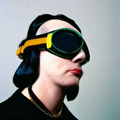 Image similar to kodak portra 4 0 0 photograph of a cybergoth guy wearing goggles and eclectic jewelry, telephoto, 9 0 s vibe, blurred background