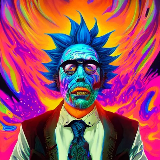 Image similar to Rick Sanchez an extremely psychedelic experience, colorful, surreal, dramatic lighting, cosmonaut, LSD, face, detailed, intricate, elegant, highly detailed, digital painting, artstation, concept art, smooth, sharp focus, illustration, art by Sam Spratt, Dan Mumford, Artem Demura and Alphonse Mucha