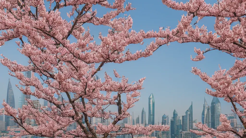 Prompt: Peach blossoms bloom along the Shanghai skyline, The soft pinks and greens of the flowers are offset by the blue of the sky and the gray of the cityscape. HD, Octane render 8K, 200mm, f1.8, wide angle,