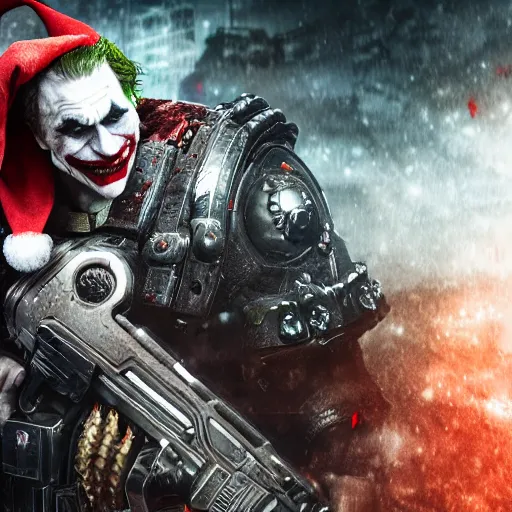 Prompt: the joker as santaclaus in gears of war, splash art, warzone, dystopian, movie still, cinematic lighting, dramatic, octane render, long lens, shallow depth of field, bokeh, anamorphic lens flare, 8 k, hyper detailed, 3 5 mm film grain