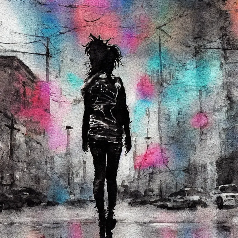 Image similar to punk girl skateboarding in the city, simple watercolor, rough paper texture, backlit cyberpunk buildings, wet roads at night reflecting the lights from buildings, dust, fog, cloudy night sky, dslr, 4 k, fisheye