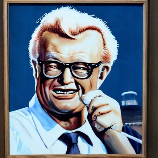 Image similar to painting of harry caray singing in press box