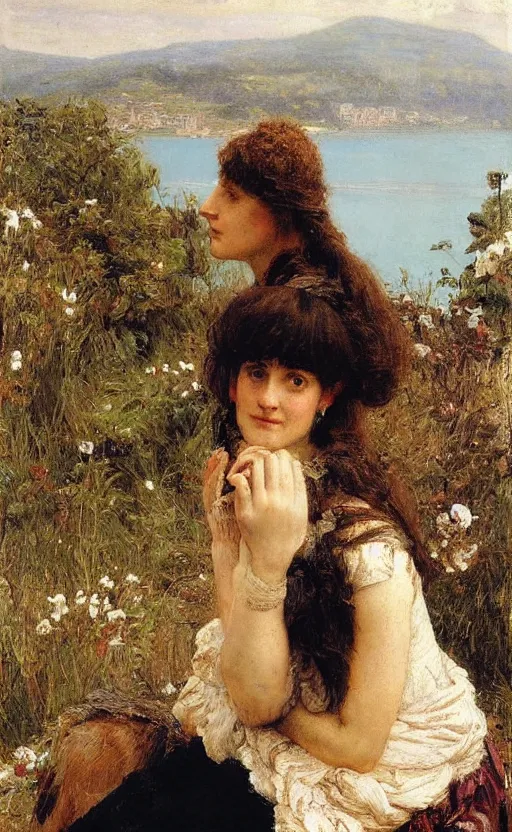 Prompt: oil portrait!!! by alma tadema of a woman looking at us, head slightly turned on the right, lake como!! in the background, short brown hair