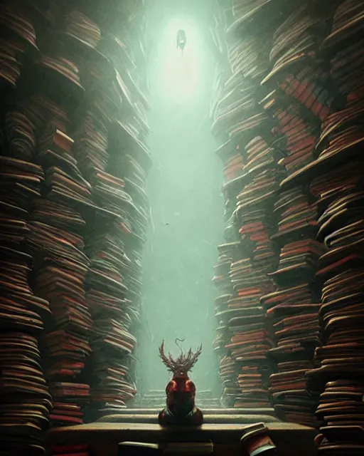 Image similar to highly detailed surreal vfx portrait of a creepy monster in a catacomb of books, stephen bliss, unreal engine, greg rutkowski, loish, rhads, beeple, makoto shinkai and lois van baarle, ilya kuvshinov, rossdraws, tom bagshaw, alphonse mucha, global illumination, detailed and intricate environment