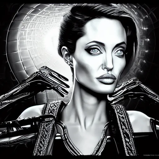 Prompt: the portrait of an absurdly elegant, sophisticated, fashionable ottomanpunk robotess idol, an ultrafine hyperdetailed illustration of angelina jolie and megan fox by kim jisu, intricate linework, neon wiring, electronics, porcelain skin, unreal engine 5 highly rendered, global illumination, radiant light, detailed and intricate environment, by rutkowski, artgerm, marvel comics