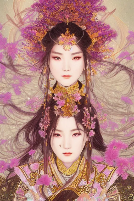 Image similar to beautiful ancient fantasy portrait of wuxia armored heroine wearing like Xian Xia wardrobe, in forbidden City, hybrid from Dynasty Warriror, flowers sea rainning everywhere, intricate, very very beautiful, elegant, highly detailed, digital painting, beautiful glowing galaxy eyes, artstation, fantasy concept art, smooth, sharp focus, illustration, art by WLOP and alphonse mucha and tian zi