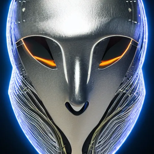 Prompt: realistic photograph of a futuristic shaman mask made of chrome scales and glowing fiber optic wires, zeiss lens, artstation, octane render