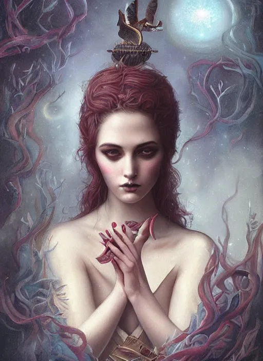 Prompt: beautiful detailed painting of a tarot card, by tom bagshaw