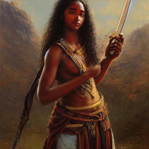 Image similar to artstation concept of a beautiful girl holding a sword in both hands, brown skin, sweaty skin, symmetrical face, casual white garment, brown canyon background, shiny colorful, hyperdetailed, artstation trending, world renowned artists, worth1000.com, historic artworks society, antique renewel, cgsociety, by greg rutkowski, by Gustave Dore, Deviantart