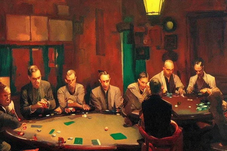 Image similar to ninjas playing poker, inside a tiny green room with red lights by joaquin sorolla, greg rutkowski, bill sienckiwicz, extremely detailed