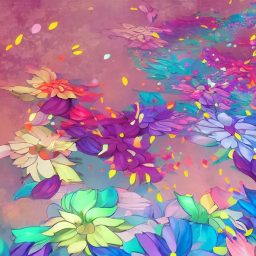 Image similar to background art of spaciously scattered multi colored flower petals flowing through the air from left to right on a clean background, anime, artgerm, manga, trending on artstation, art nouveau