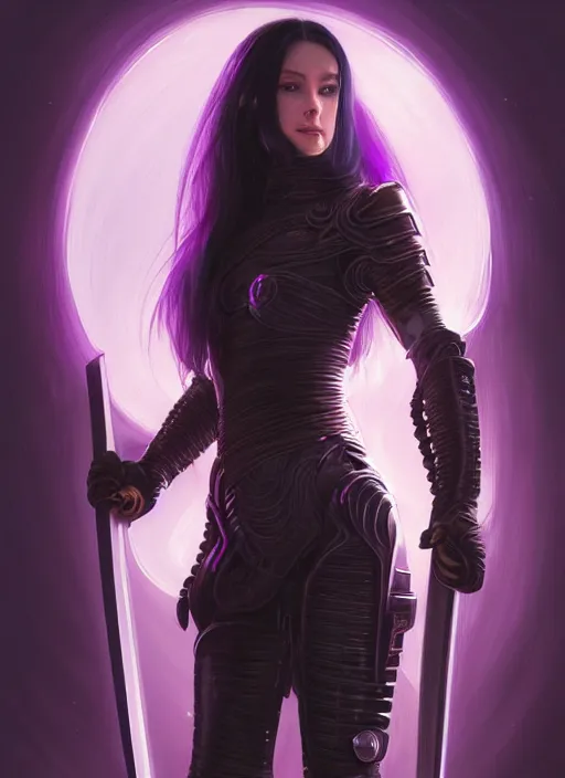 Image similar to portrait of a woman with long black hair in a ponytail, in sci - fi armor, platemail, close fitting, holding a katana made of purple energy, intricate, elegant, glowing lights, highly detailed, digital painting, artstation, concept art, smooth, sharp focus, illustration, art by wlop, mars ravelo and greg rutkowski