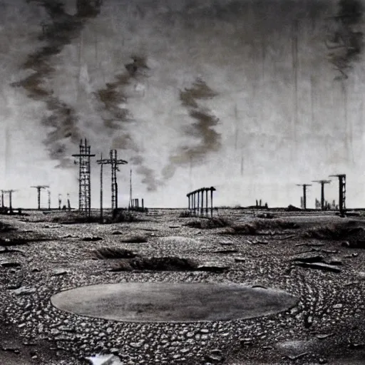 Prompt: barren city, nuclear wasteland, Fallout aesthetic, Anselm Kiefer