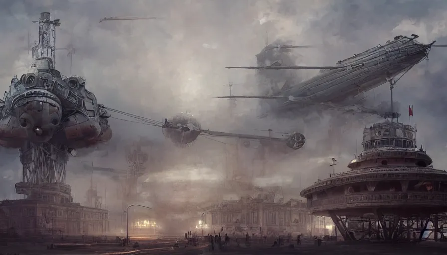 Prompt: Dieselpunk Volgograd, The Motherland Calls with pipes and steam, giant airships in the sky, aeroplane, steam, epic composition, intricate, elegant, volumetric lighting, digital painting, highly detailed, artstation, sharp focus, illustration, concept art, ruan jia, steve mccurry