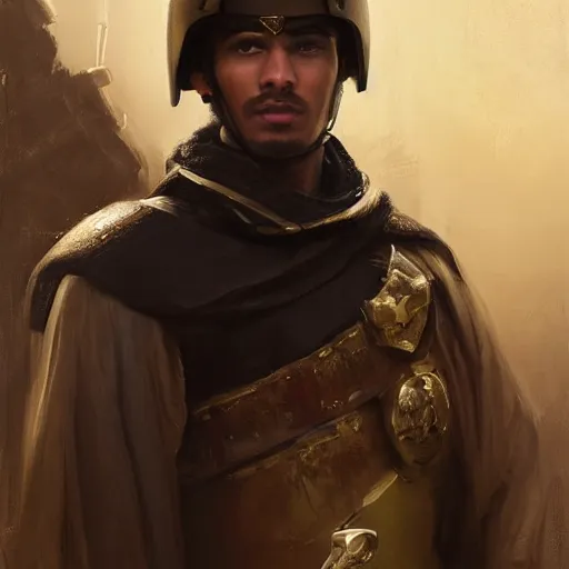 Image similar to Medium shot young idealistic and pious homely male Imperial soldier wearing a black tabard with light yellow accents over a brown gambeson and a {realistic steel helm!!!!!}, by Raymond Swanland Greg Rutkowski Lise Deharm, {perfect face}, {perfect eyes}, {uncertain look}, {on edge}