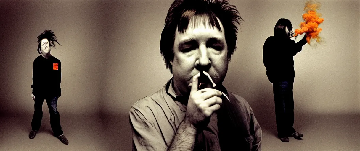 Prompt: award winning photo of bill hicks walking and smoking weed, vivid colors, happy, symmetrical face, beautiful eyes, studio lighting, wide shot art by Sally Mann & Arnold Newman