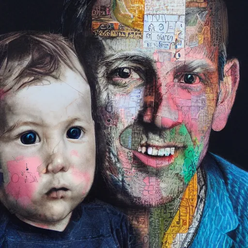Prompt: hyperdetailed maximalist mixed media collage of a photorealistic father with child. pastel tones