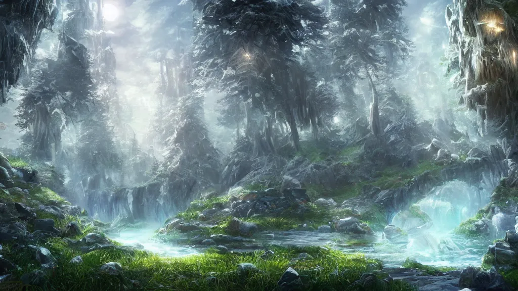 Image similar to crystal forest, fantasy artwork, very very very beautiful scenery, hd, hdr, ue5, ue6, unreal engine 5, cinematic 4k wallpaper, 8k, ultra detailed, high resolution, artstation, award winning