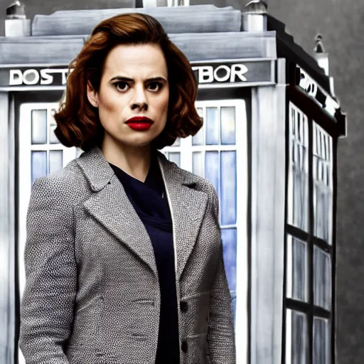 Image similar to a beautiful full body photograph of hayley atwell dressed as the doctor from doctor who standing in front of the tardis, symmetrical face, extreme realism and detail, 8 k, completely framed, direct lighting, 3 5 mm photo, photorealistic, sharp focus