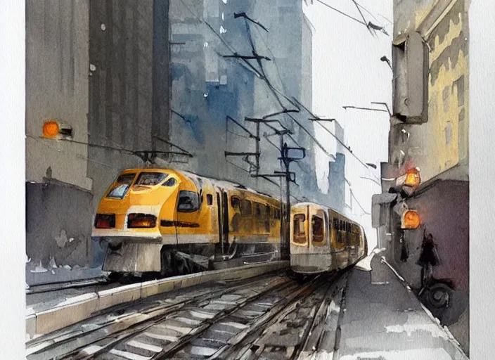 Prompt: concept art of a urban train, pinterest, artstation trending, behance, watercolor, by coby whitmore *, silver, laser light *,