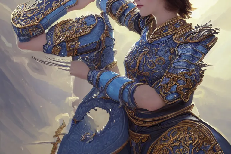 Image similar to portrait knights of Zodiac girl, Chinese Blue and white porcelain reflected armor, kung fu fighting in ruined Agora of Athens sunrise, ssci-fi, fantasy, intricate, very very beautiful, elegant, golden light, highly detailed, digital painting, artstation, concept art, smooth, sharp focus, illustration, art by tian zi and WLOP and alphonse mucha