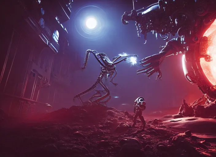 Image similar to astronaut fighting off a mechanical alien. on the background of a weird magical mechanical forest. Intricate. Very detailed 8k. Fantasy cyberpunk horror. Sharp. Cinematic post-processing. Unreal engine. Nanite. Ray tracing. Parallax. Tessellation