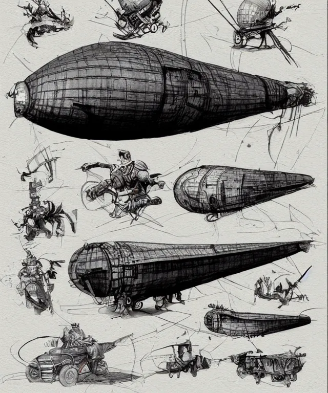 Prompt: the golden age of American illustration archive gesture drawings color pen and ink and pencil sketch vehicle concept design game asset of sketches watercolor of a retro steampunk blimp one man airship by Stanley Artgerm Lau, WLOP, Rossdraws, James Jean, Andrei Riabovitchev, Marc Simonetti, and Sakimichan, tranding on artstation , assets, character design, tending on pinterest, trending on cgtalk, trending on concept art, trending on vehicle design