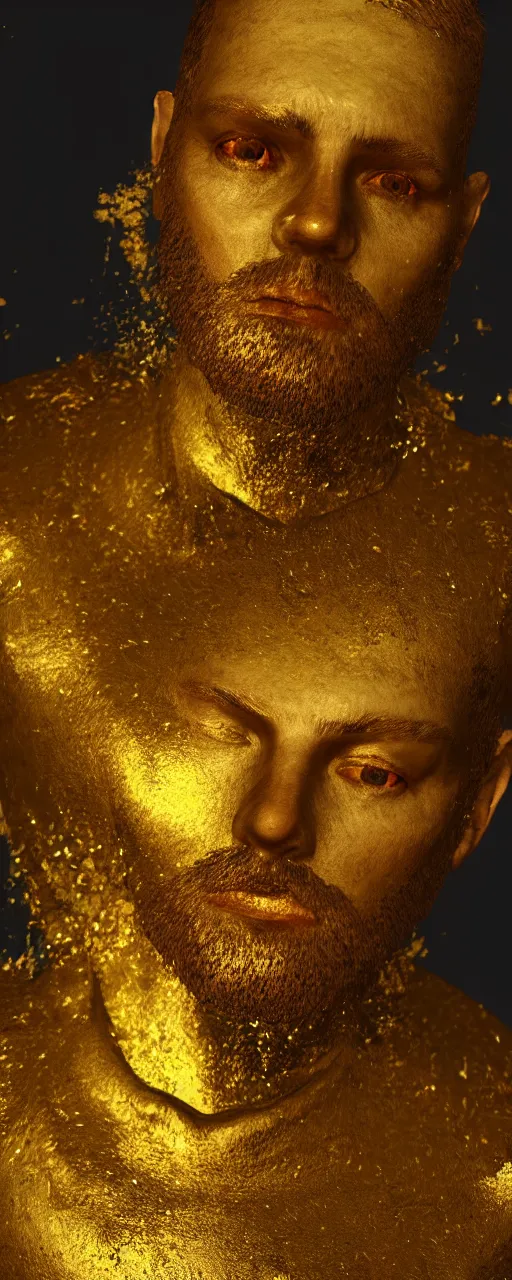 Prompt: Portrait of alessiogarcai with gold fluid in the background, volumetric colorful lighting, 3D render by Pete Morbacher and Emil Melmoth, Unreal Engine,