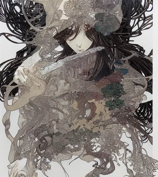 Image similar to yoshitaka amano anime painting, intricate line drawings, pen and ink, alphonse mucha, claire wendling, kentaro miura, ruan jia