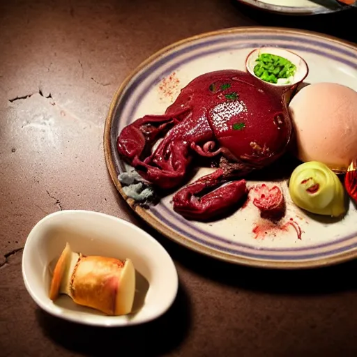 Image similar to gorey horrific mutilated blood soaked human remains and internal organs served at a fancy restaraunt on a fancy plate, gorgeous depth of field professional food photography