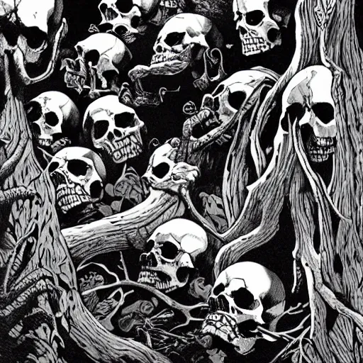 Image similar to Skulls lying under a dead tree. Close Up Shot, Dark Fantasy, Film Noir, Black and White. High Contrast, Mike Mignola, D&D, OSR