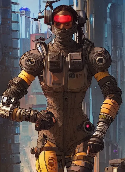 Prompt: apex legends cyberpunk weight lifter. concept art by james gurney and mœbius. cinematic, dramatic lighting ( cyberpunk 2 0 7 7 )