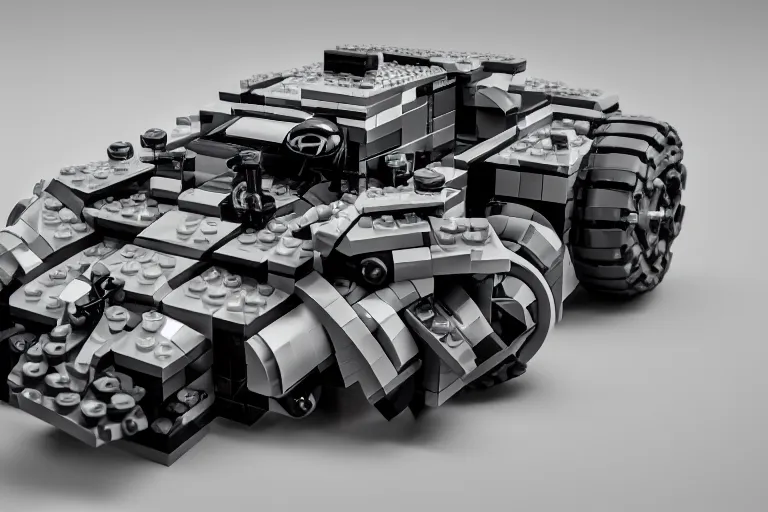 Image similar to the lego batmobile is standing ina cave. highly detailed. intricate. mist. octane render. rim light. photoreal. 8 k. monochrome. cinematic.