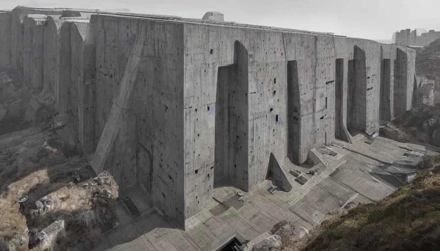 Prompt: big brutalist imperial military base on cliffs, drawing architecture, very long shot, top angle, imperial architecture in star wars, pritzker architecture prize, brutalism architecture, jan urschel, greig fraser