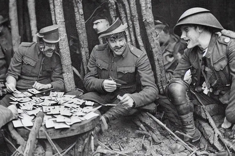 Image similar to old monochromatic photograph of Wolverine and Spider-Man playing cards in a WW1 trench