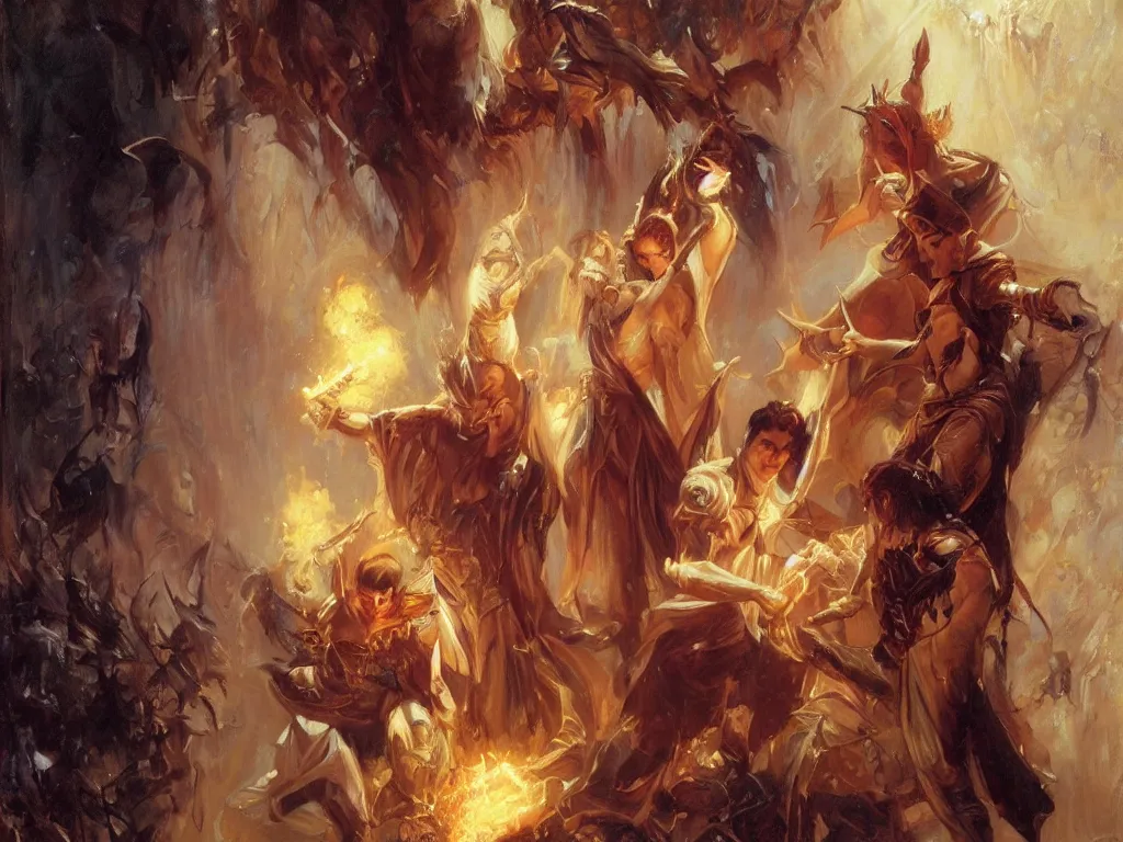 Image similar to attractive magician casts dark spell, summoning attractive lucifer morningstar. highly detailed painting by gaston bussiere, craig mullins, j. c. leyendecker 8 k