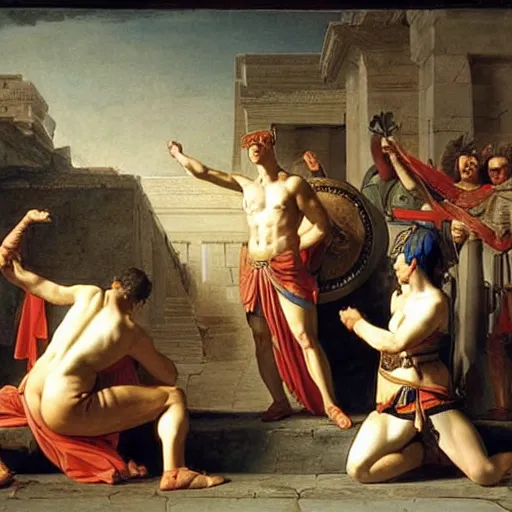 Image similar to muscular warrior women, roman women in armor, oath of the horatii, jacques - louis david