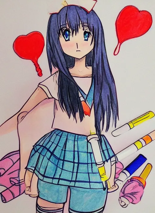 Image similar to very poorly drawn anime girl, cute outfit, posing, crayon art, very silly looking, very anime