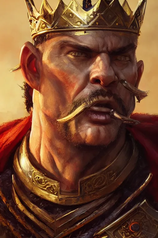 Image similar to dungeons and dragons warrior king character closeup portrait, dramatic light, castle background, 2 0 0 mm focal length, painted by stanley lau, painted by greg rutkowski, painted by stanley artgerm, digital art, trending on artstation