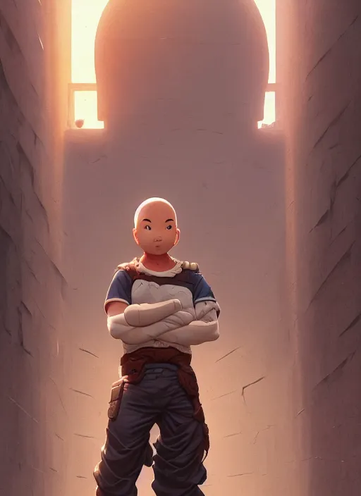 Image similar to highly detailed krillin standing outside prison art by greg rutkowski, loish, rhads, ferdinand knab, makoto shinkai and lois van baarle, ilya kuvshinov, rossdraws, tom bagshaw, global illumination, radiant light, detailed and intricate environment