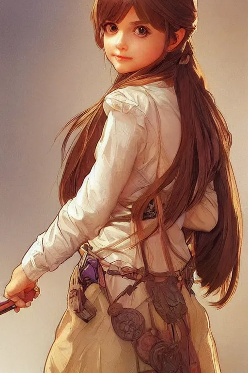 Image similar to a little gamergirl with a mischievous face and short!! light brown straight hair. she is dressed as gamergirl in her room, painting, beautiful detailed face. by artgerm and greg rutkowski and alphonse mucha