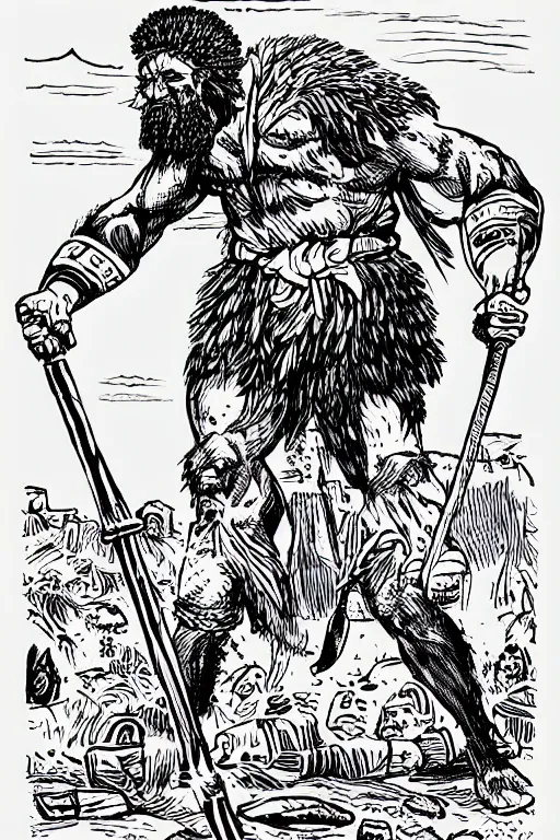 Image similar to ancient historically accurate depiction of the Bible Character Goliath of Gath, the Philistine warrior giant by mcbess