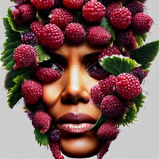 Prompt: a pile of wild berries that looks exactly like halle berry, face made of berries! digital painting by arcimboldo