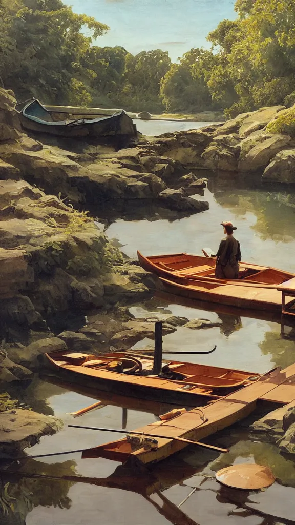 Image similar to a subterranean lagoon where a rowboat is moored to a small wooden dock, in a style blend of whelan and leyendecker and rockwell, oil painting, volumetric lighting, intricate details