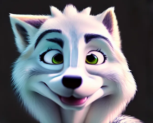 Image similar to portrait of cute white wolf in the style of zootopia, volumetric light, artstation, concept art, 8 k, high detail, perfect