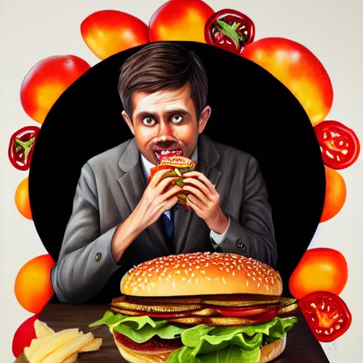 Prompt: detailed full body concept art illustration oil painting of Mayor Pete eating hamburgers, extra ketchup, bacon lettuce and tomatos, oriental art nouveau, frock, mid body, radiant halo of light, black gold smoke ink, man covered in sliced tomatos and onions, peter mohrbacher, artgerm