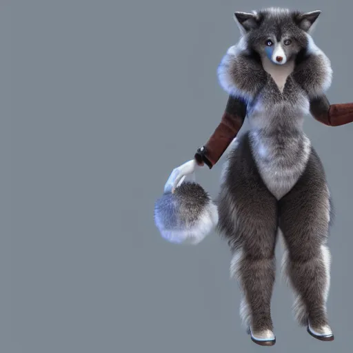 Prompt: 3 d render, well toned, large tall, female anthropomorphic wolf, blue fur with white spots, thick fur covering her chest.