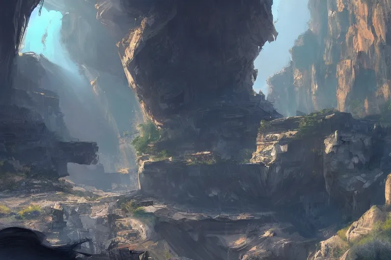 Image similar to a busy science - fiction base hidden in a canyon, river, morning, james paick, artstation