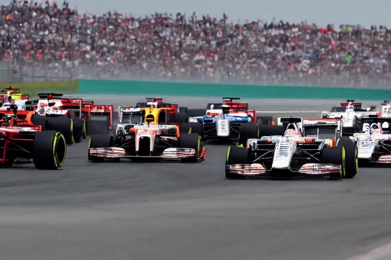 Prompt: photo of formula one cars in a race