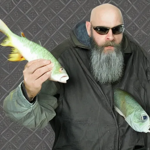 Prompt: bearded and bald man armed with a fish in matrix universe